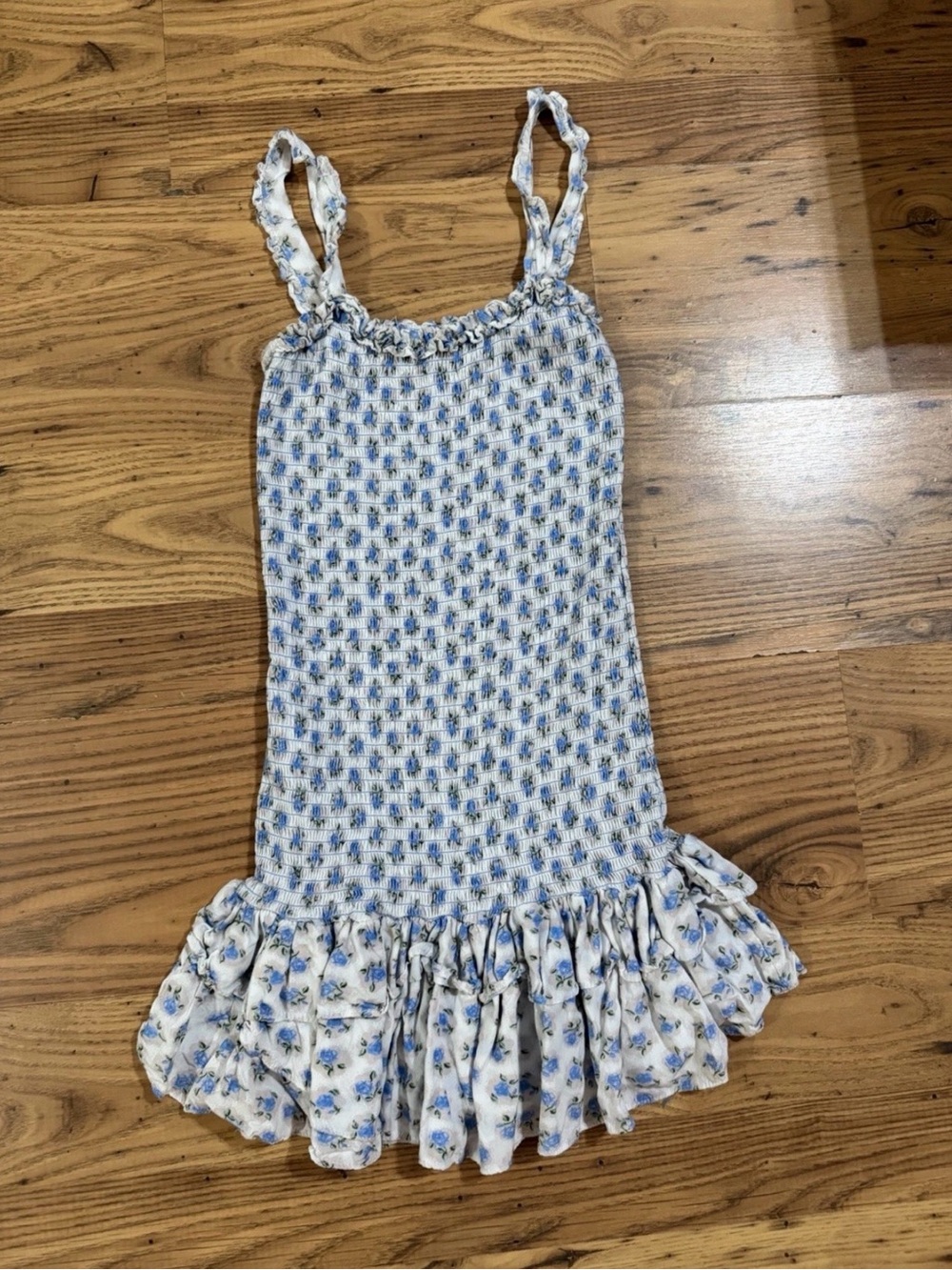 For Love Bell Blue Floral Smocked Ruffle Mini Dress Size Medium